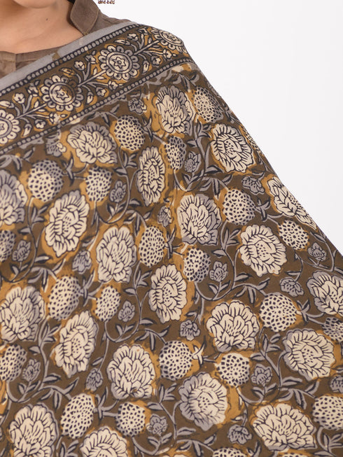 MULMUL UMBER BROWN BLOCK PRINTED MODAL SATIN SAREE MULMUL UMBER BROWN BLOCK PRINTED MODAL SATIN SAREE